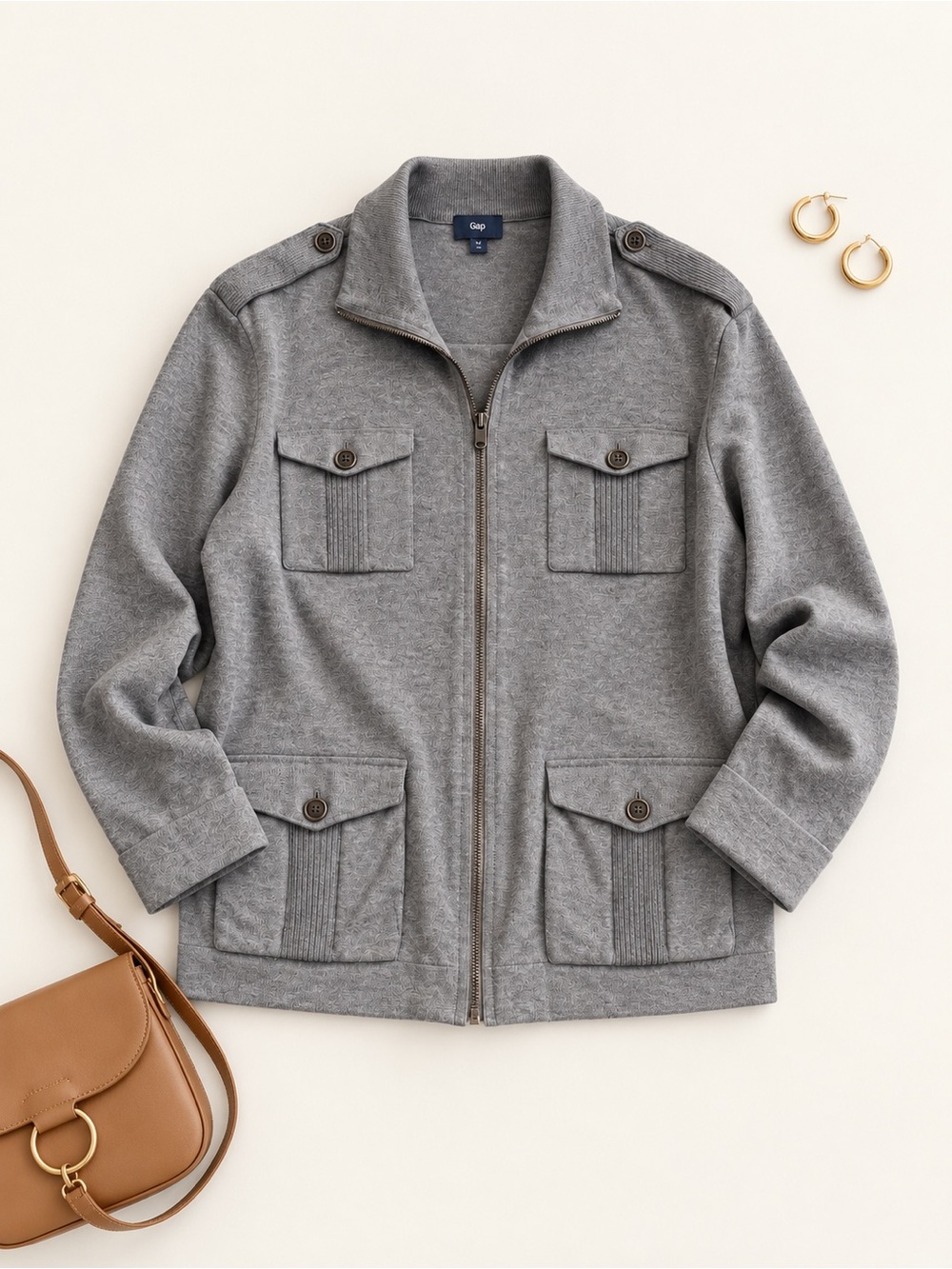 Gap Gray Cotton Knit Military Utility Jacket XL Full Zip 4 Pocket
